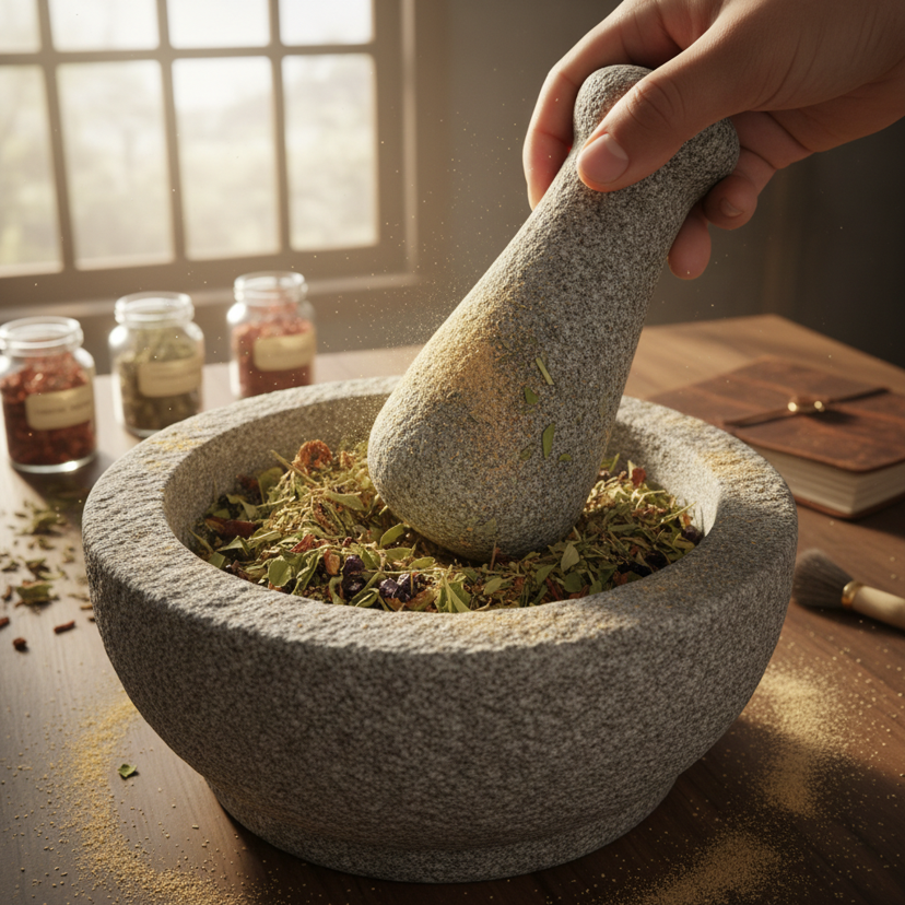 Ayurvedic herbs and mortar pestle treatment — traditional Kerala healing