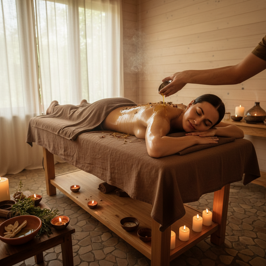 Ayurvedic rejuvenation therapy and wellness treatment with natural oils