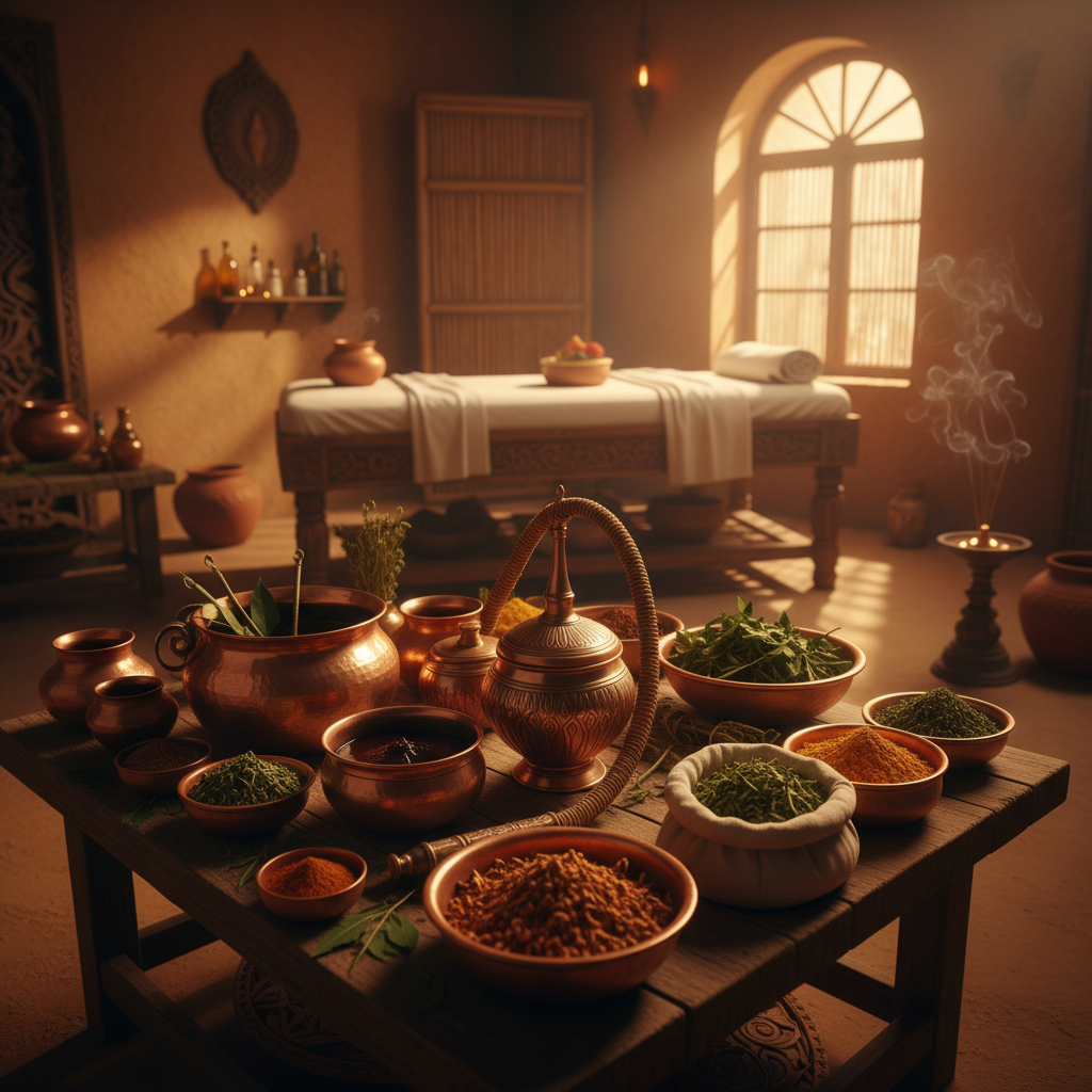 Ayurvedic hospital interior with traditional Kerala decor and treatment room — warm and serene atmosphere