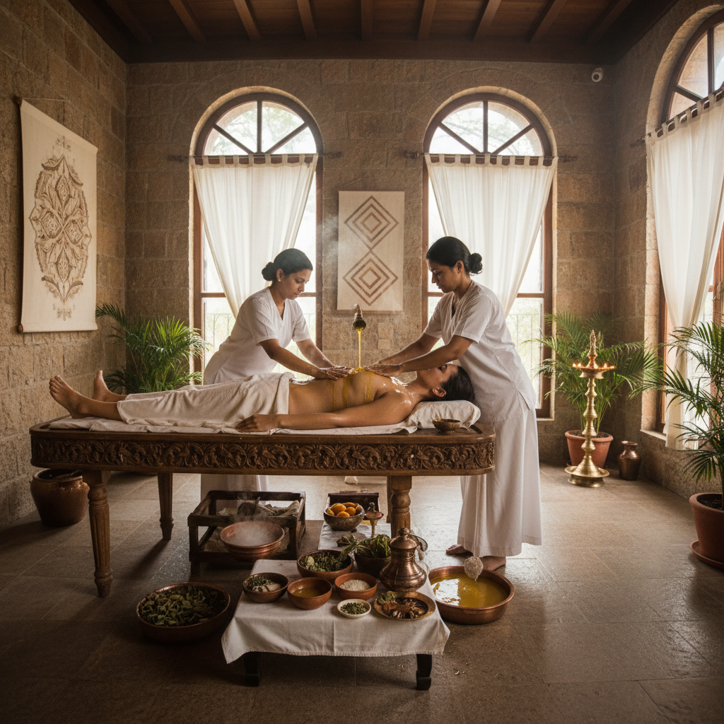 Panchakarma Ayurvedic detox therapy treatment session with herbal oil